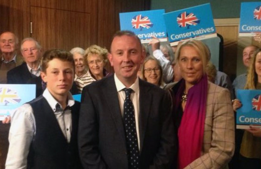 James Airey (centre foreground), his son Owen, (left foreground) and wife Caroline (right foreground) with Westmorland and Lonsdale Conservative members at the selection meeting in Kendal on 28 May.