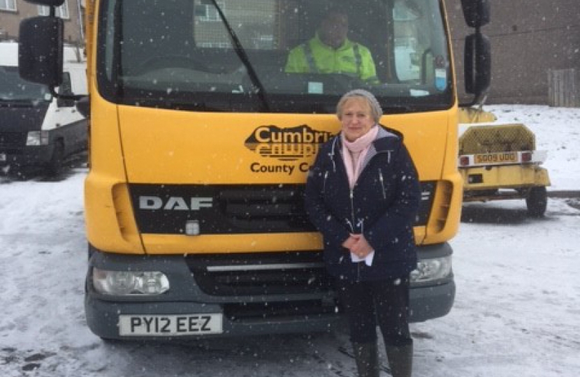 Councillor Sheila Capstick with the delivery of grit she secured from Cumbria County Council.